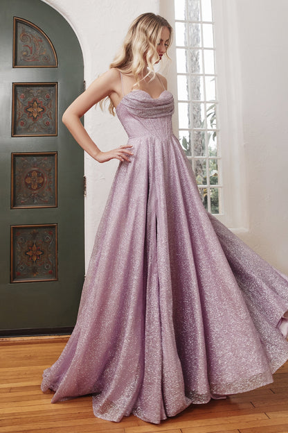 ball gown featuring a shimmering bodice, draped cowl neckline and a sexy corset back