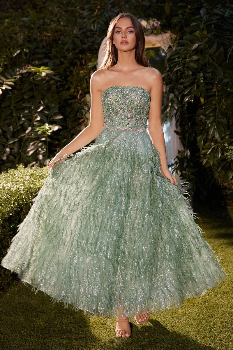 Feather Tea Length Sage Dress GALINA COUTURE Feather Tea Length Sage Dress GALINA COUTURE
