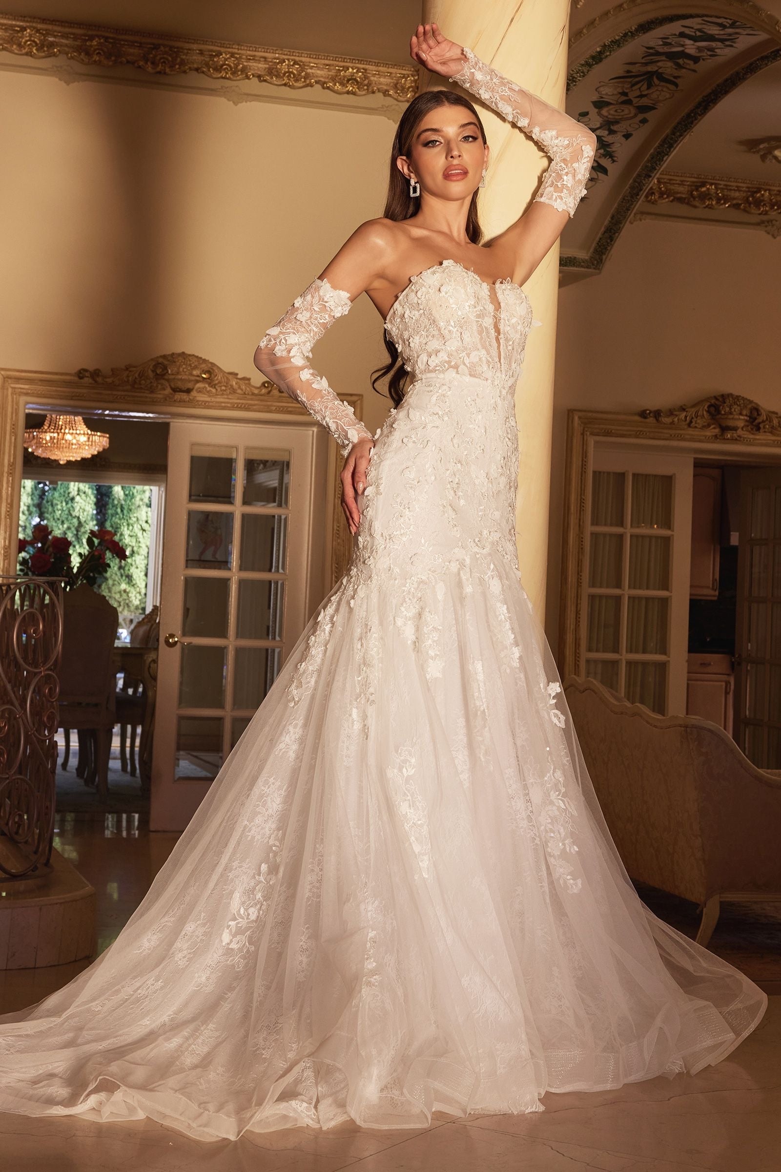 Versatile bridal gown with detachable lace sleeves