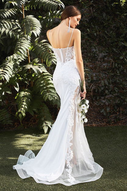 Sophisticated mermaid wedding dress with corseted sheer tulle bodice and delicate straps