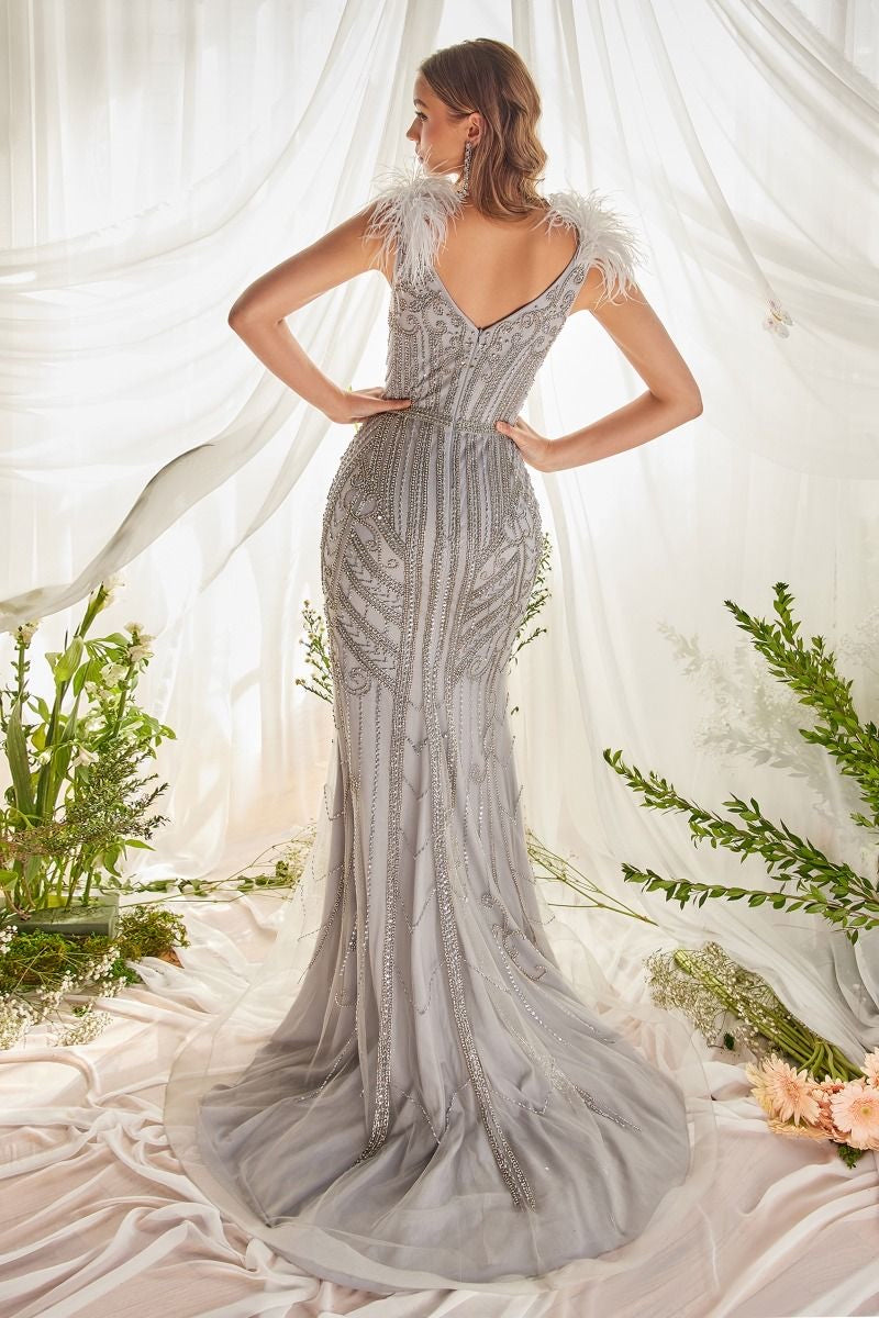 The most gorgeous beaded embellished luxury mermaid prom dress with feathers