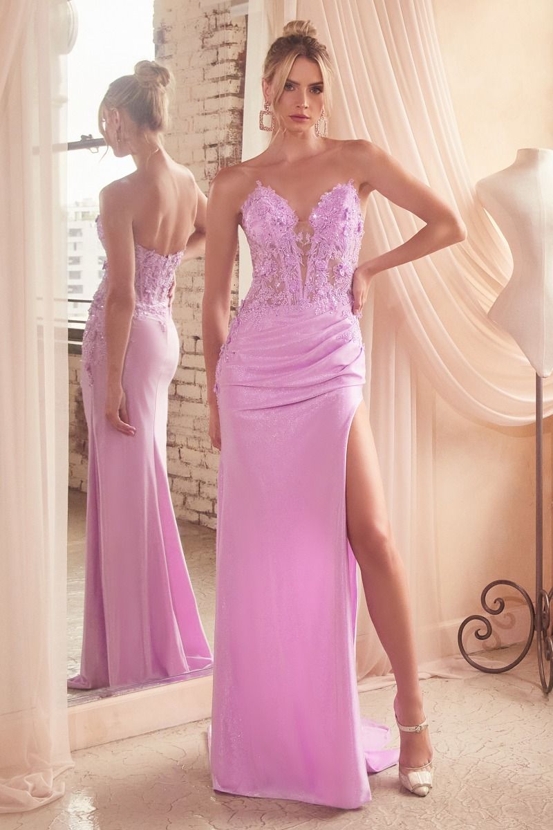 Lavender Strapless fitted dress with lace appliqued bodice and leg slit