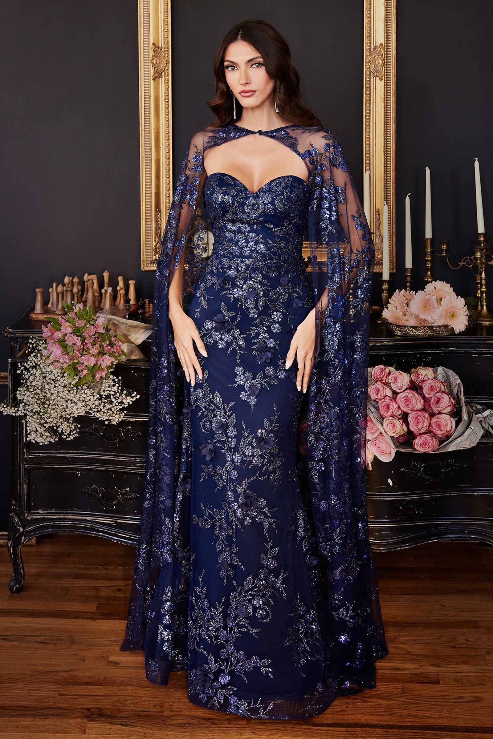 navy formal dress with removable cape
