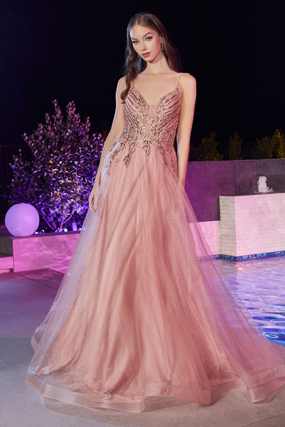 romantic pink prom,  Magical tulle A-line gown with beaded lace detailing