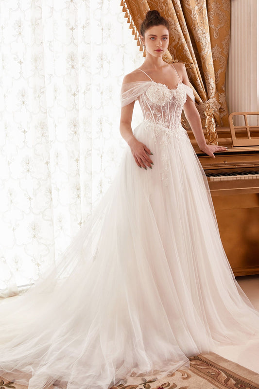 Enchanting off-white ball gown made of layered tulle, featuring a sweetheart neckline, off-the-shoulder draped sleeves, and a grand tulle train

vivienne westwood