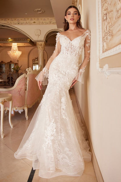 Bridal gown with Ethereal and romantic sheer sleeve with ruffle cuff - Front view
