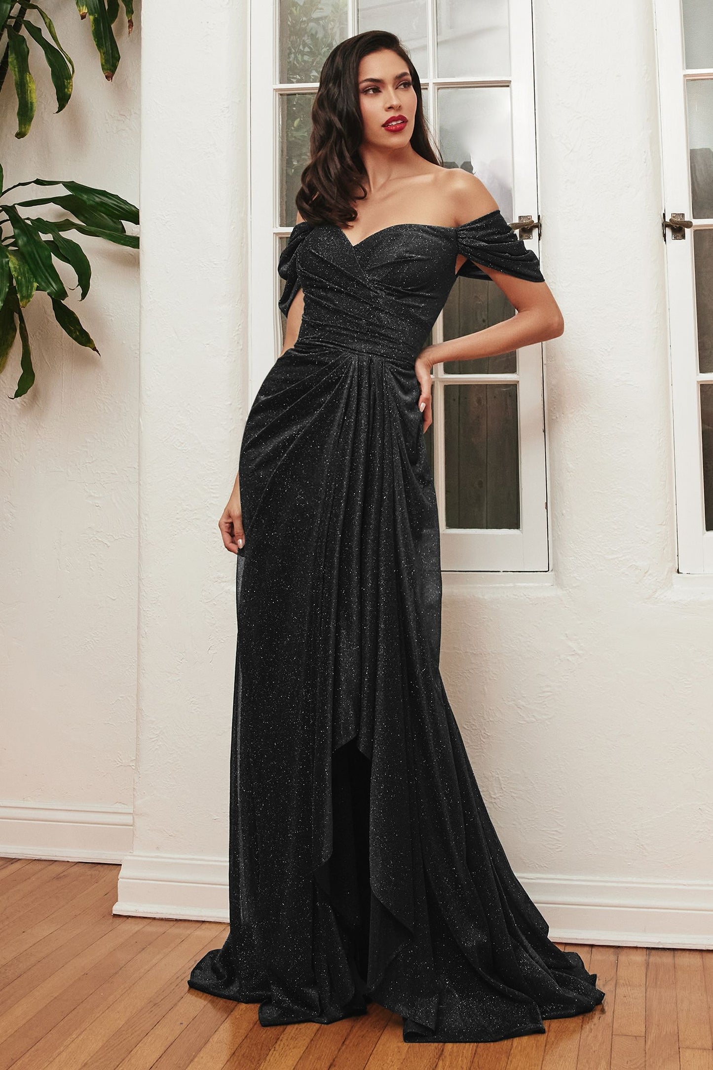 Black Tiered sash detail for added style and elegance on this stunning glitter gown.