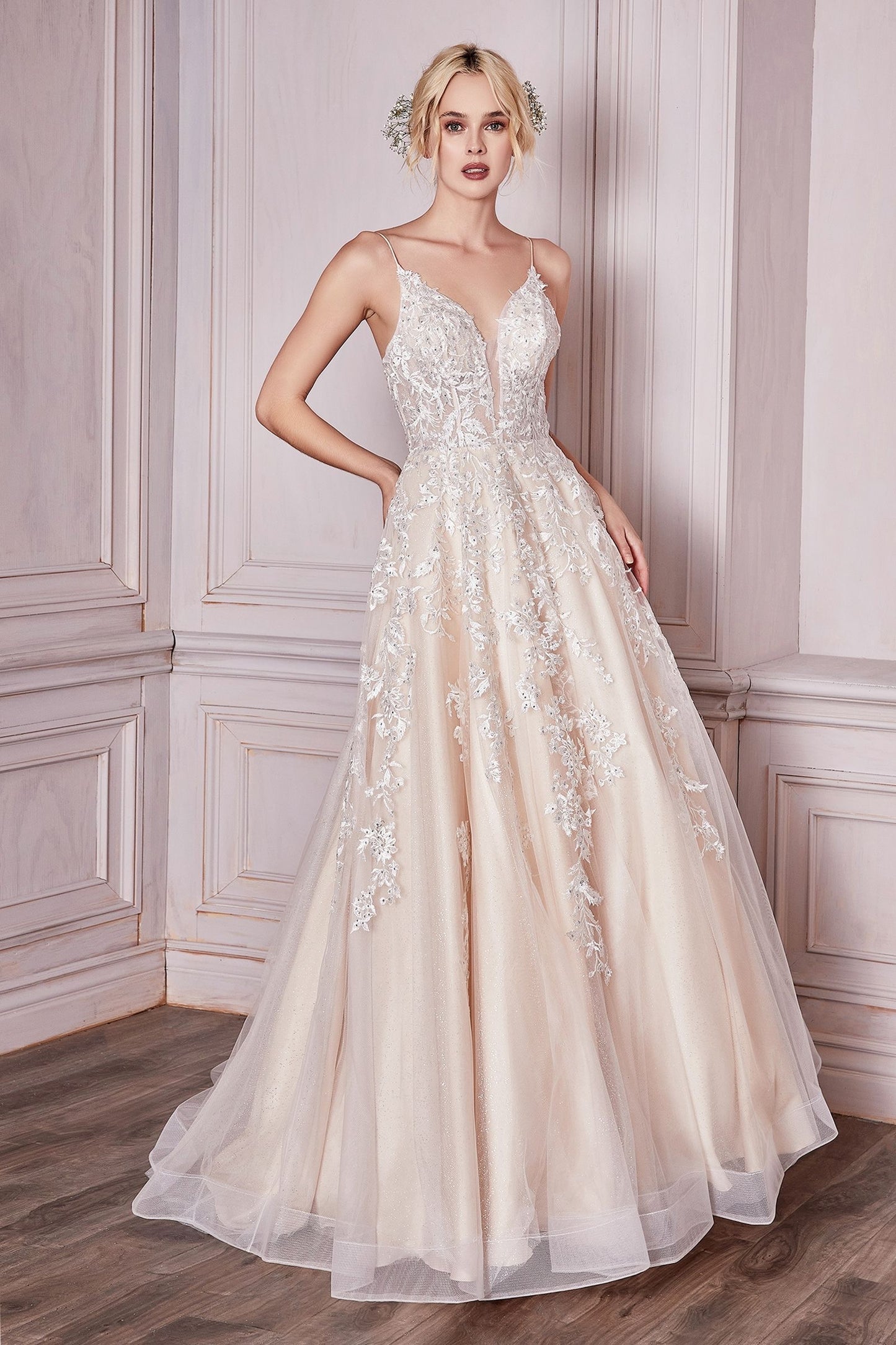 classic ball gown wedding dress with plunging neckline and intricate lace details