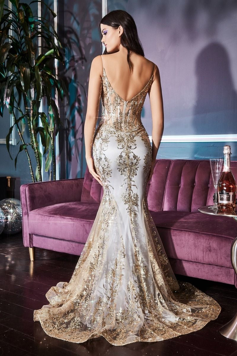 Luxurious metallic lace mermaid gown for red carpet events