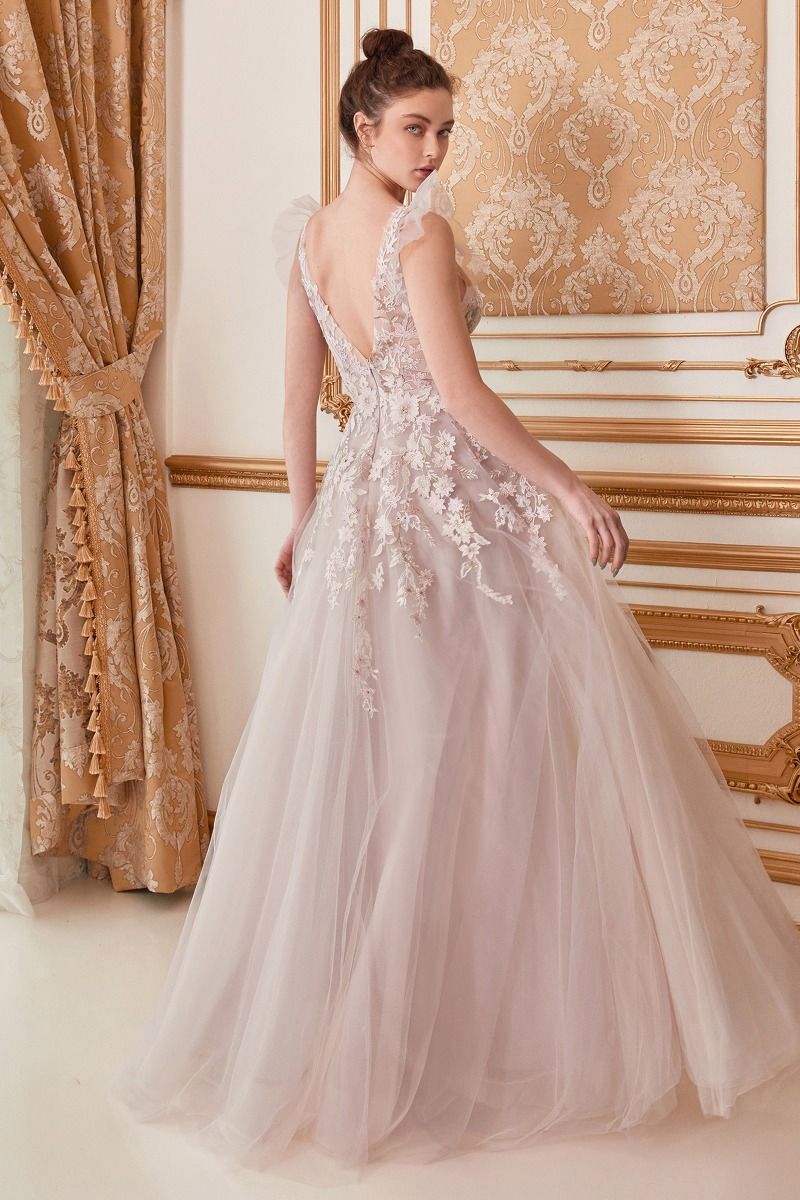 Open V-back design on a sophisticated light blush wedding gown