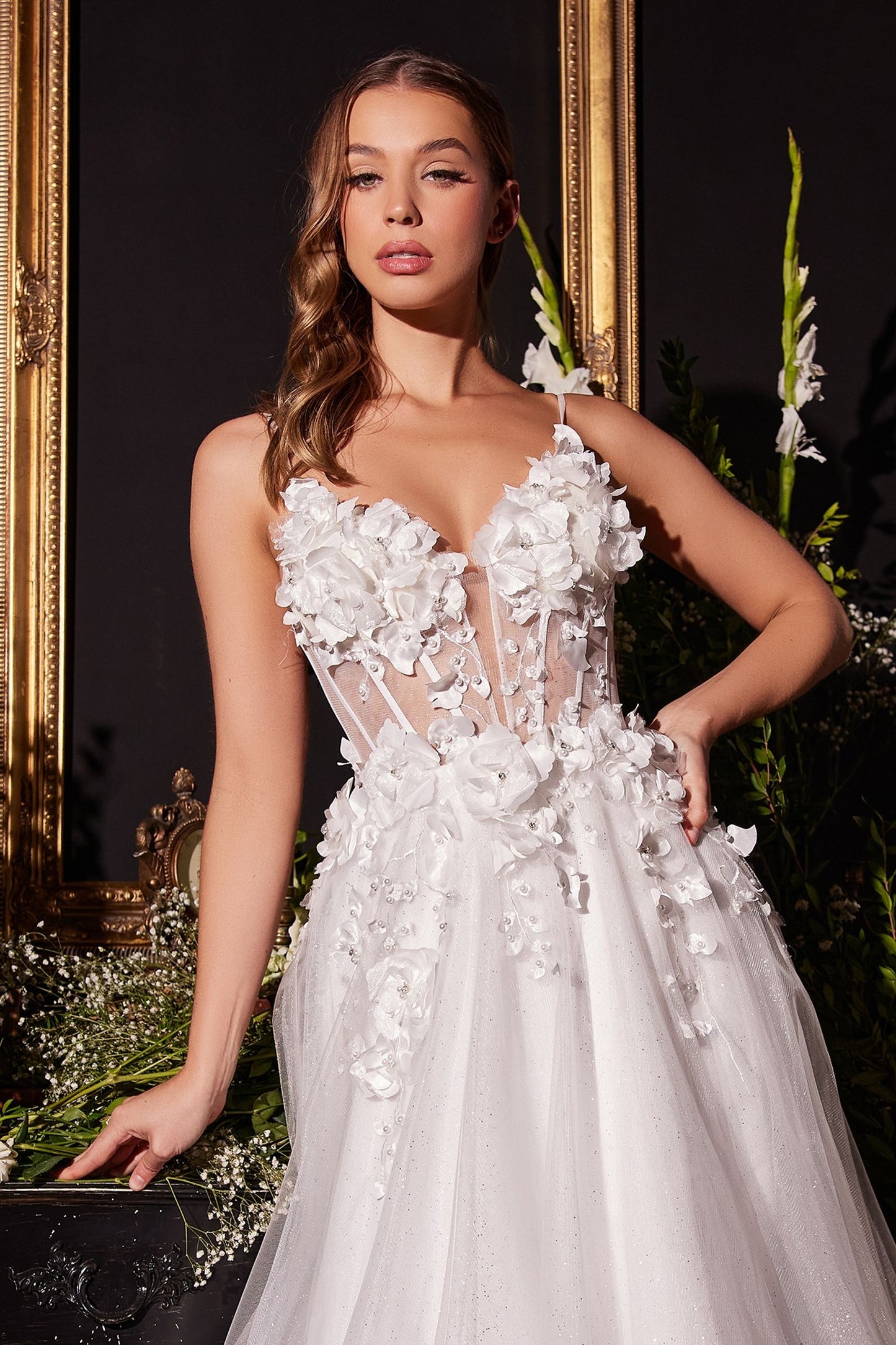 sheer boned bodice with dimensional floral appliques