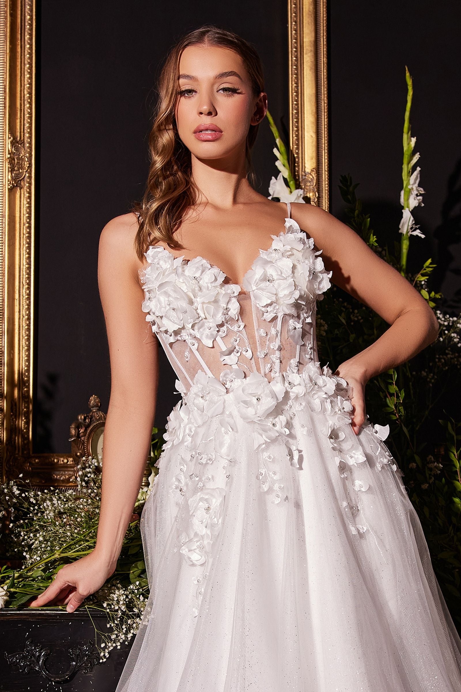 sheer boned bodice with dimensional floral appliques 