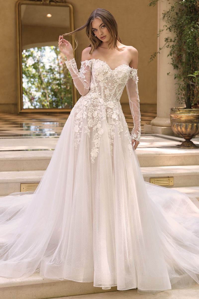 The Evangeline Gown – Romantic Off-the-Shoulder Ball Gown with Floral Lace & Glitter Tulle