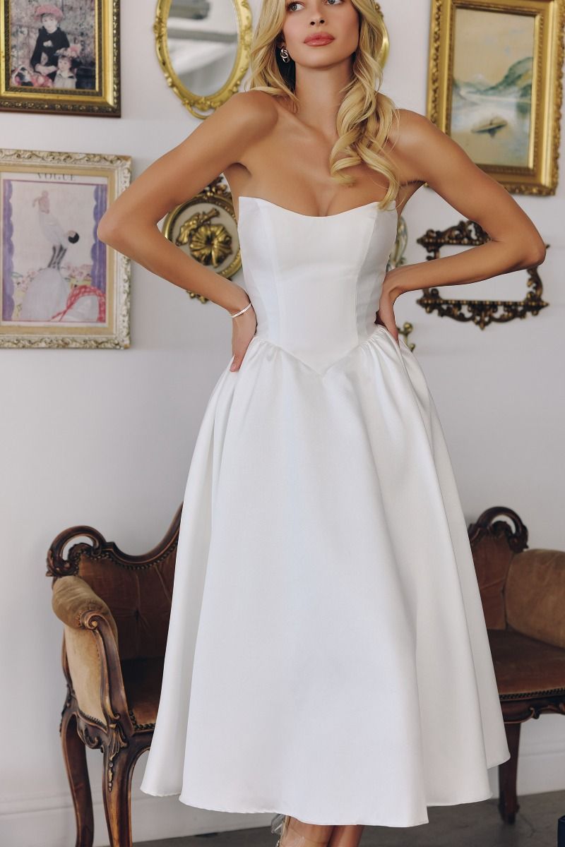 The Aurelia Dress – Modern Strapless Mikado Midi Bridal Gown