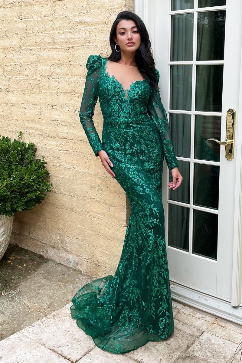 Emerald green evening gown , Mother of the bride and groom dress , long sleeve dress 