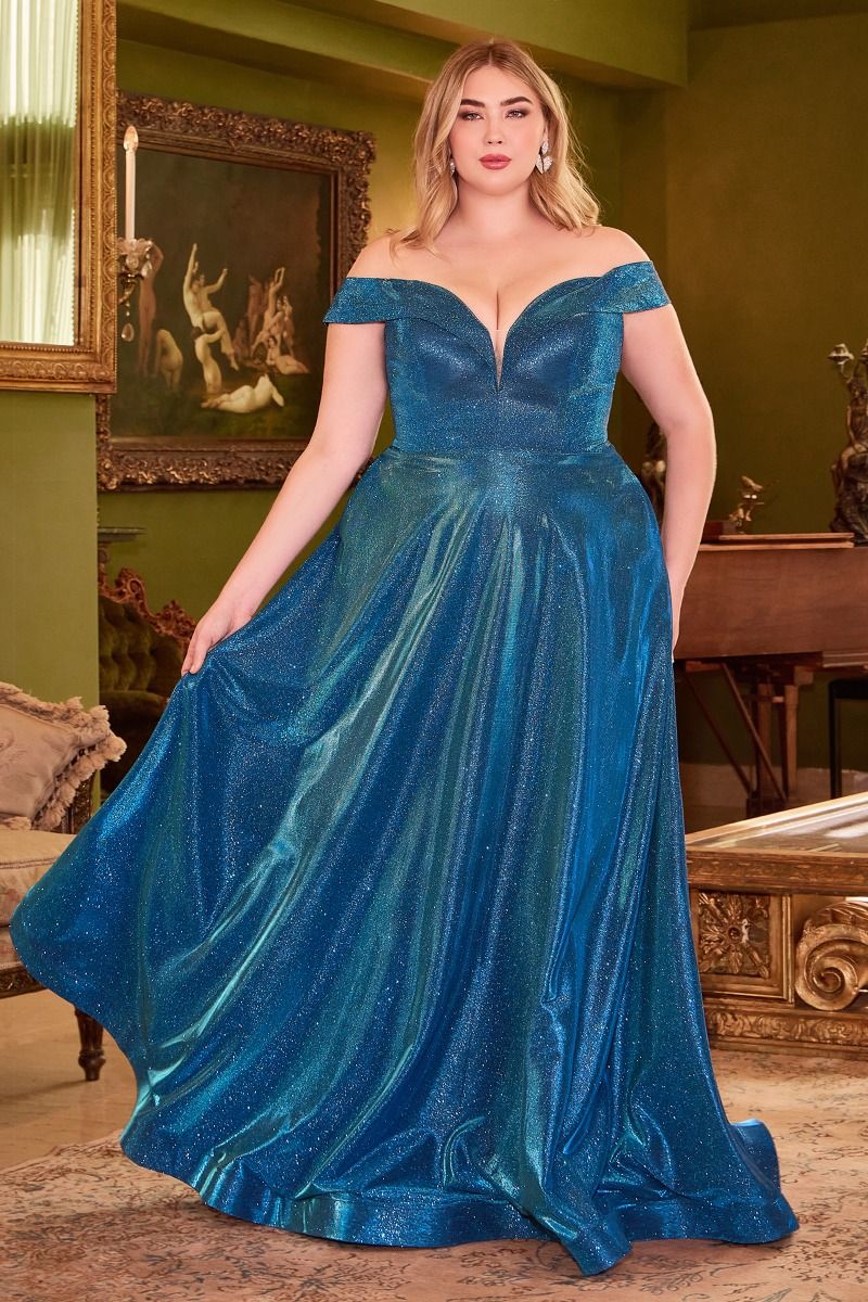 A captivating shot of a metallic off the shoulder dress, capturing its shimmering fabric and graceful neckline.