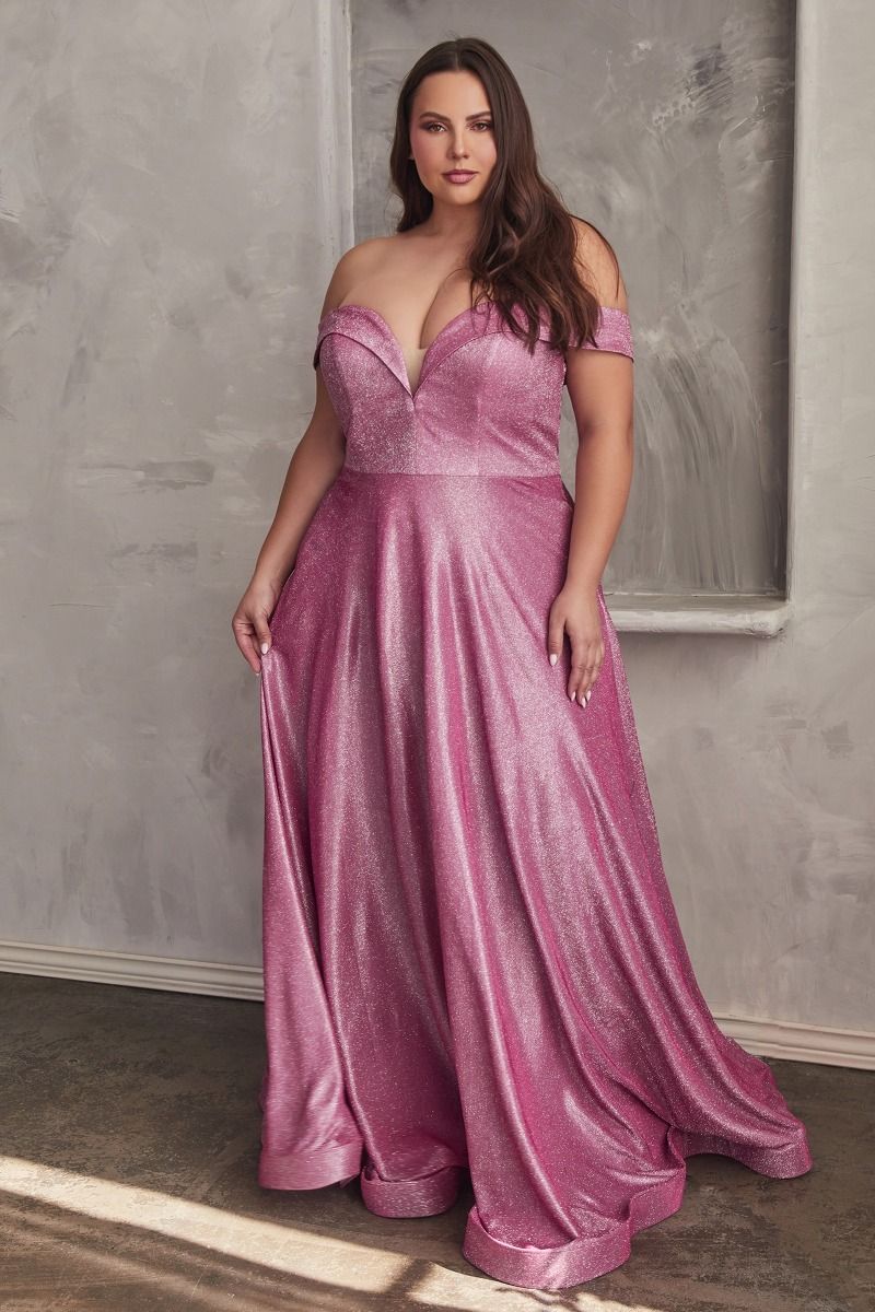 A mesmerizing metallic off the shoulder ball gown with a deep neckline, showcasing its exquisite design and allure.