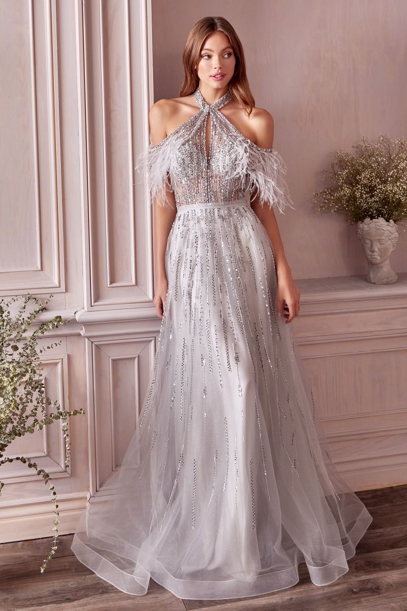 Silver A-Line Feather Gown GALINA COUTURE Silver A-Line Feather Gown GALINA COUTURE