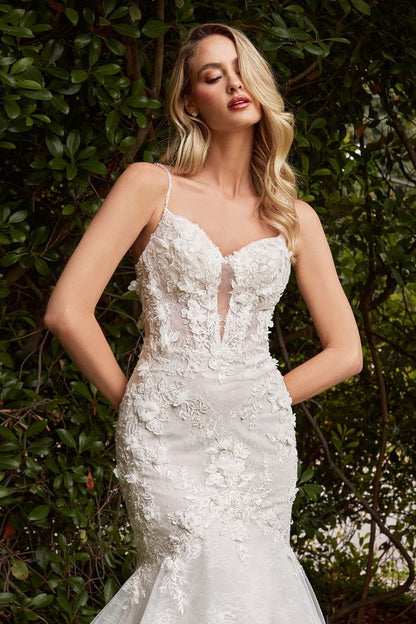 Eye-catching lace mermaid wedding dress with deep plunging keyhole neckline and dimensional floral applique