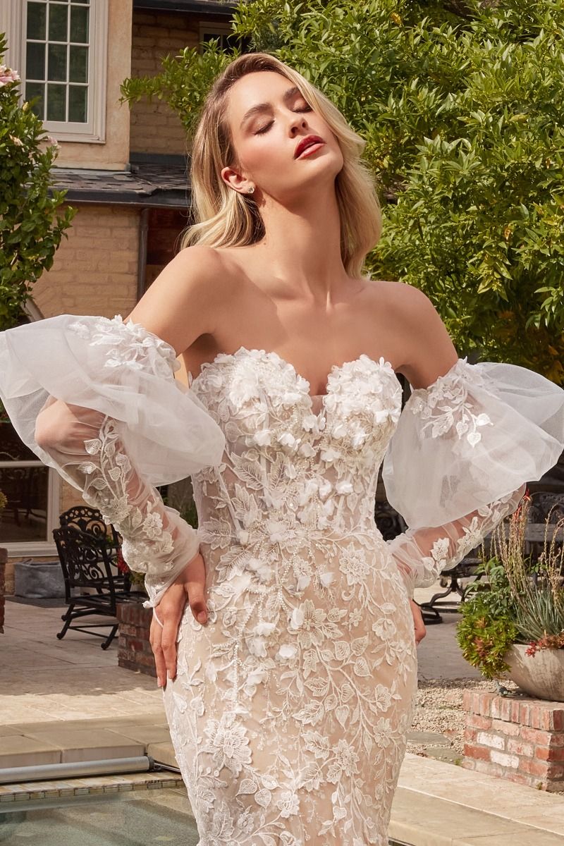 Romantic wedding gown with dimensional floral applique