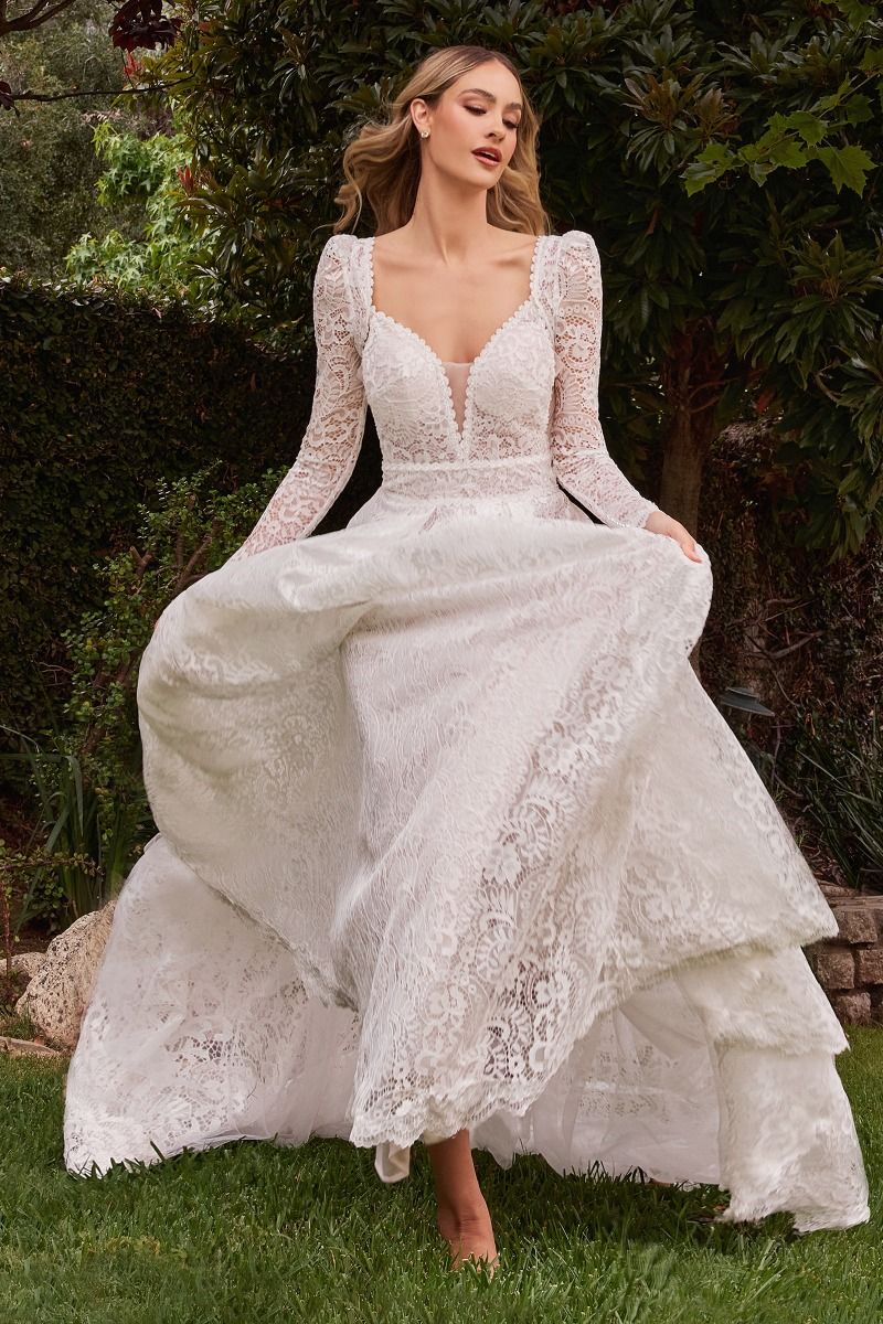 luxurious guipure lace gown with deep v neckline and scalloped lace him