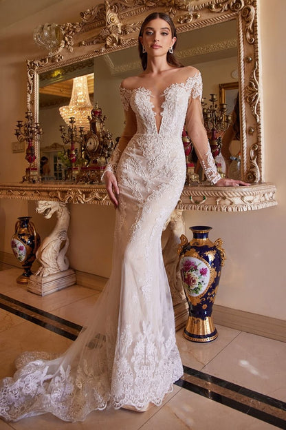 timeless off shoulder mermaid gown in off white colour with long sleeves and a sculpted bodice