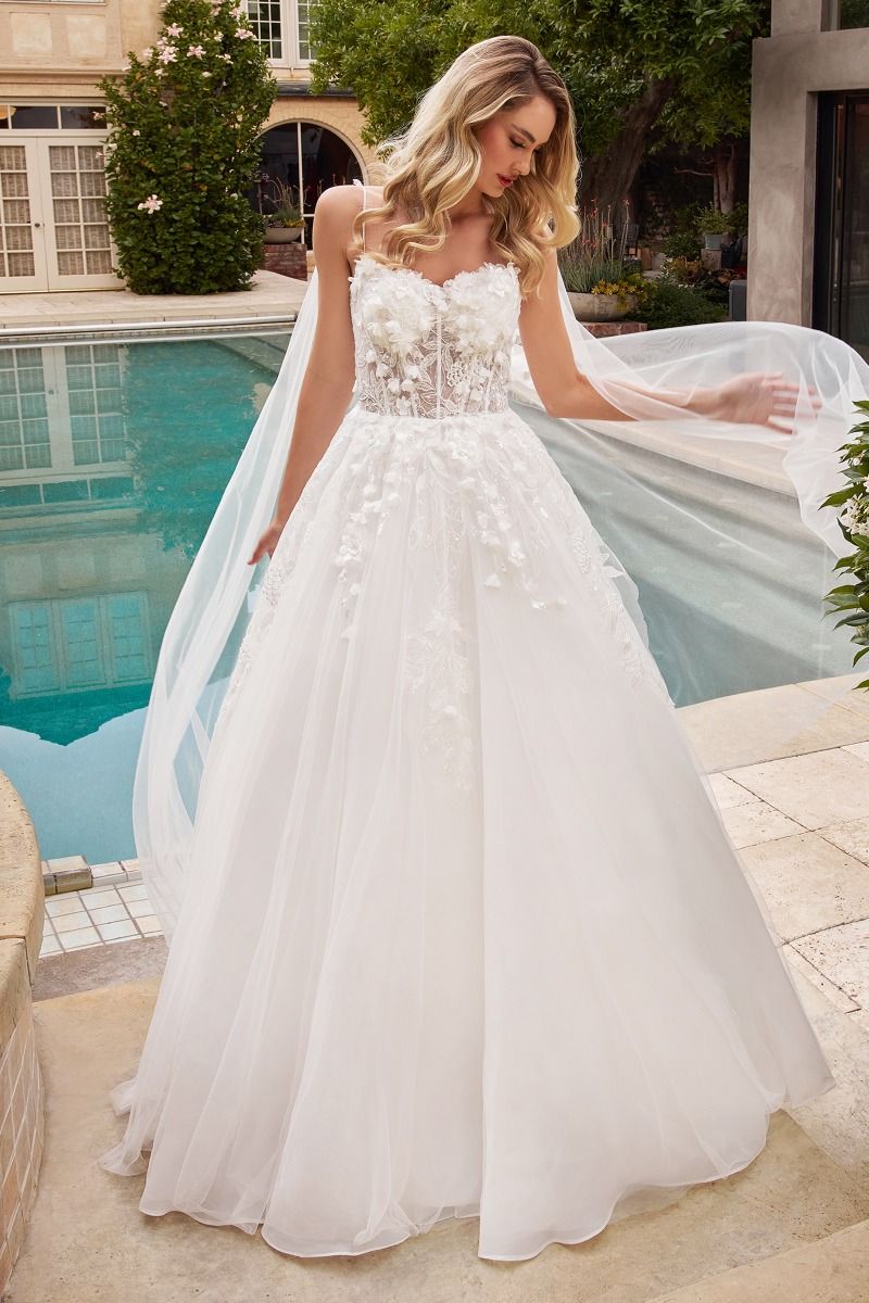 Romantic floral wedding ball gown with layered tulle and dimensional floral appliques