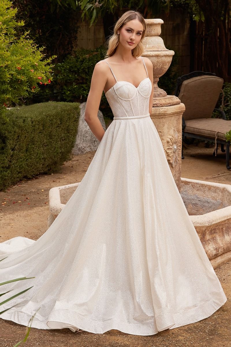 breathtaking ball gown with a full skirt and fully flocked glitter fabric