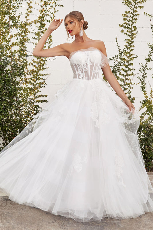 Regal ball gown wedding dress featuring a strapless silhouette and corset bodice