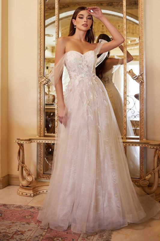 Unique wedding dress with glass-bead birds, 3D leaf details, and a choice of off-the-shoulder or sweetheart style