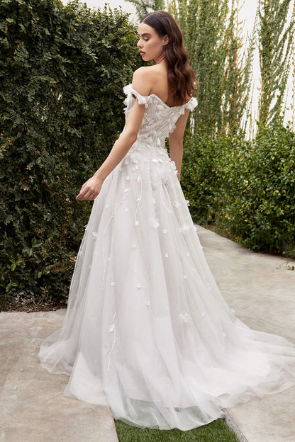 elegant wedding gown with a magical display of 3d flowers and voluminous ballgown skirt