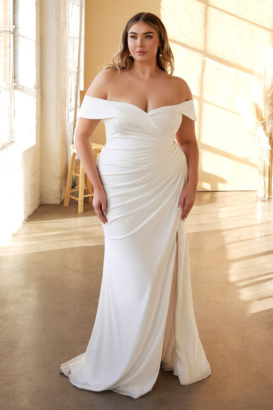 Sophisticated off-the-shoulder bridal gown in off-white stretch satin, featuring a leg slit for added allure