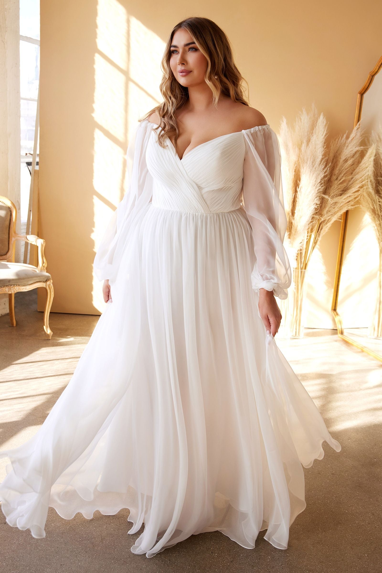 Graceful gown with pleated bodice, flowing blouson sleeves, and soft A-line skirt