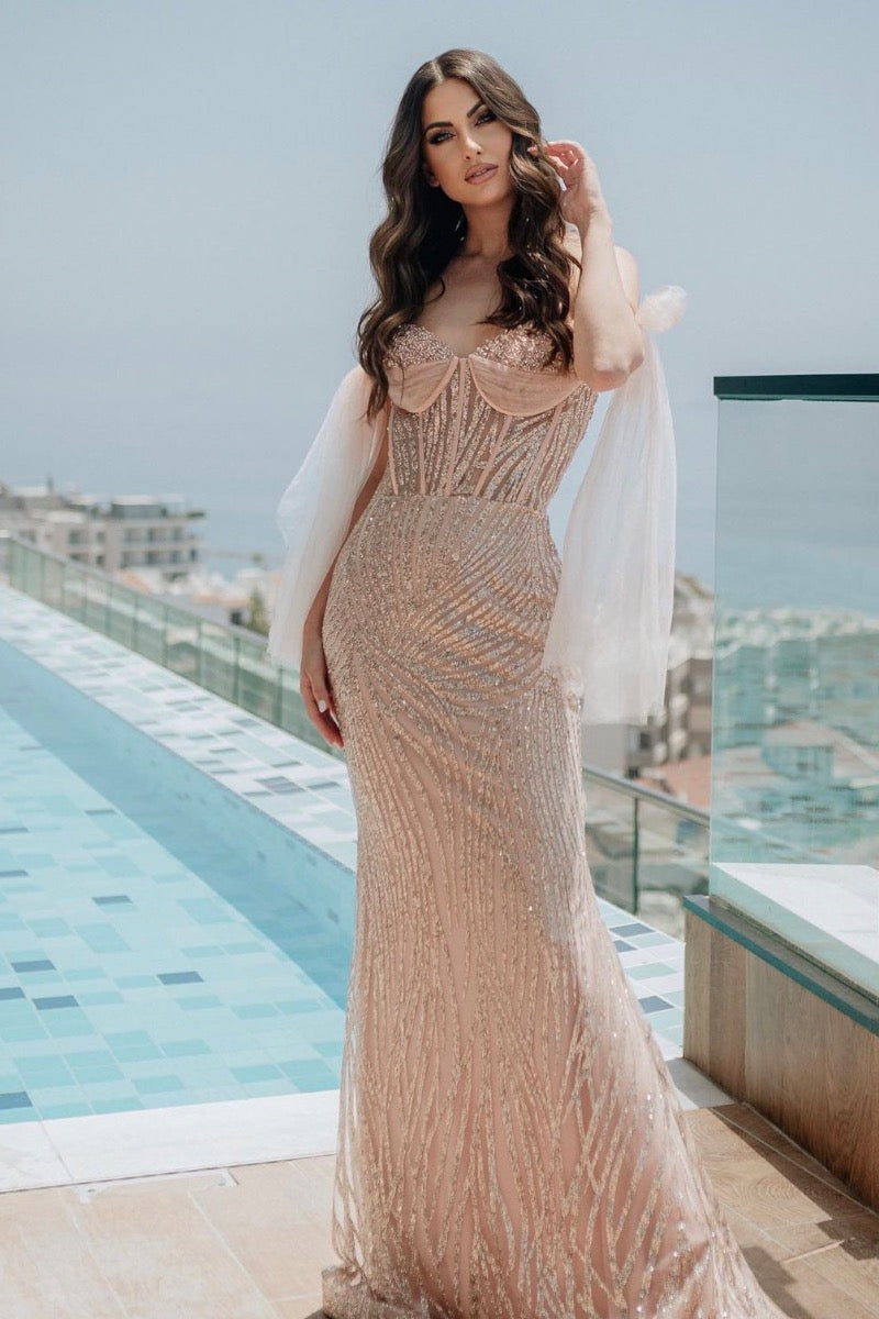 glitter maxi evening formal dress with corset bodice