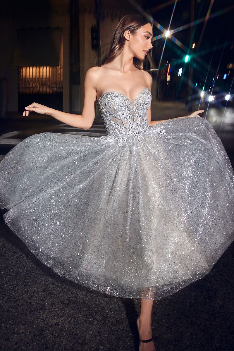 silver sequin dress strapless silhouette dress gown with glittered fabric with bodice corset 