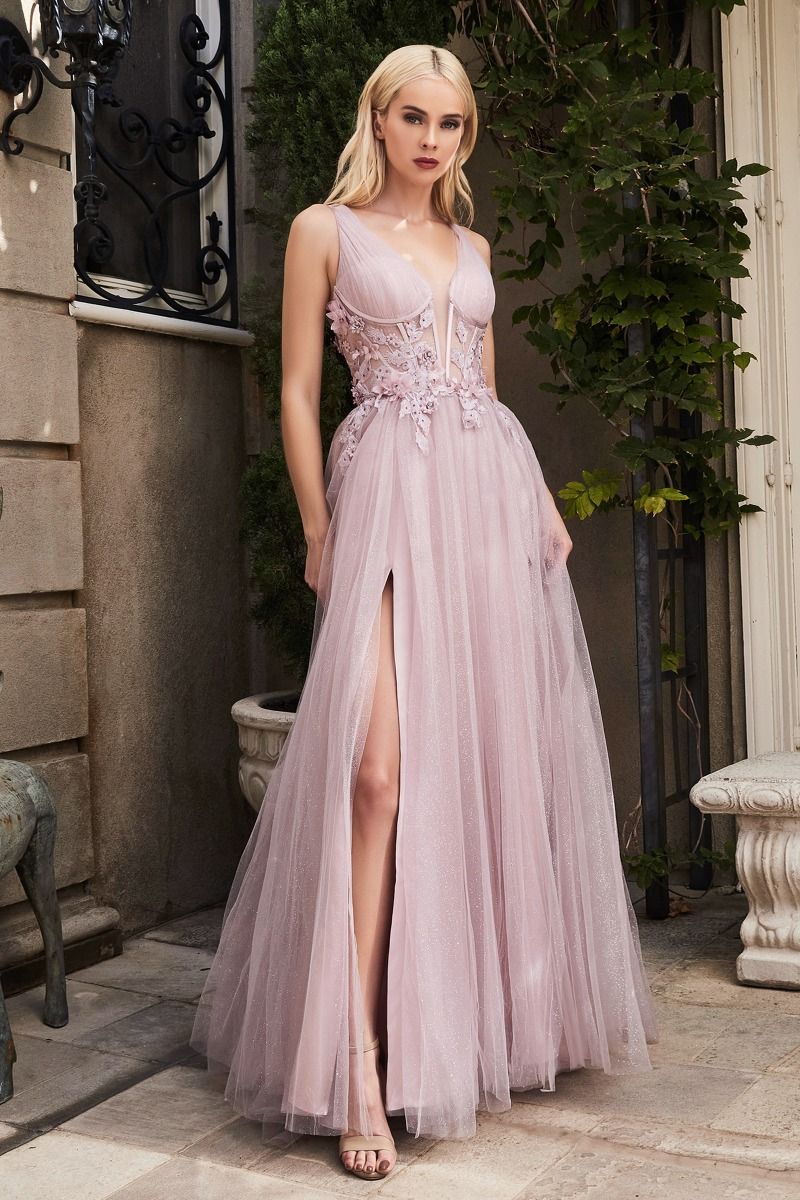 pink blush Soft romantic layers of glitter tulle with leg slits for a sexy prom night wedding