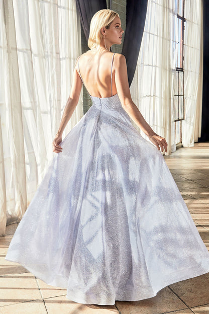 Show-stopping light blue ball gown with a deep sweetheart neckline and shimmering glitter fabric.