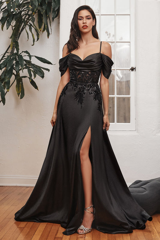 off shoulder black a line evening dress