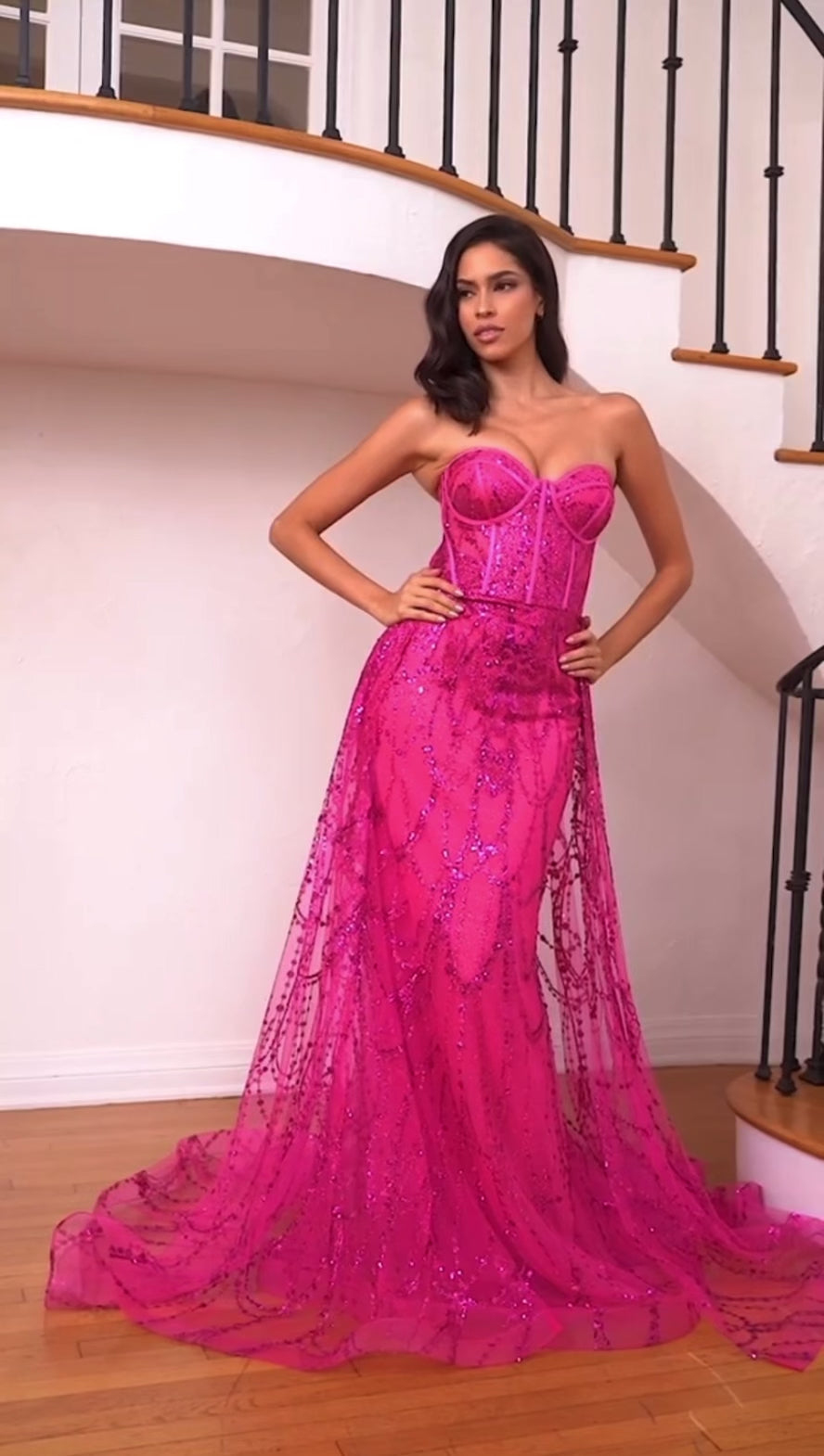 fuchsia color prom dress with glitters and overskirt