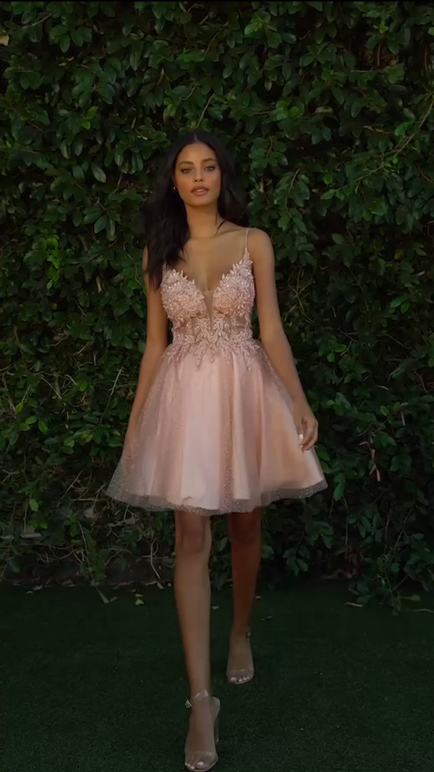 blush pink Lace sequin applique with romantic fairytale aesthetic prom short dresses