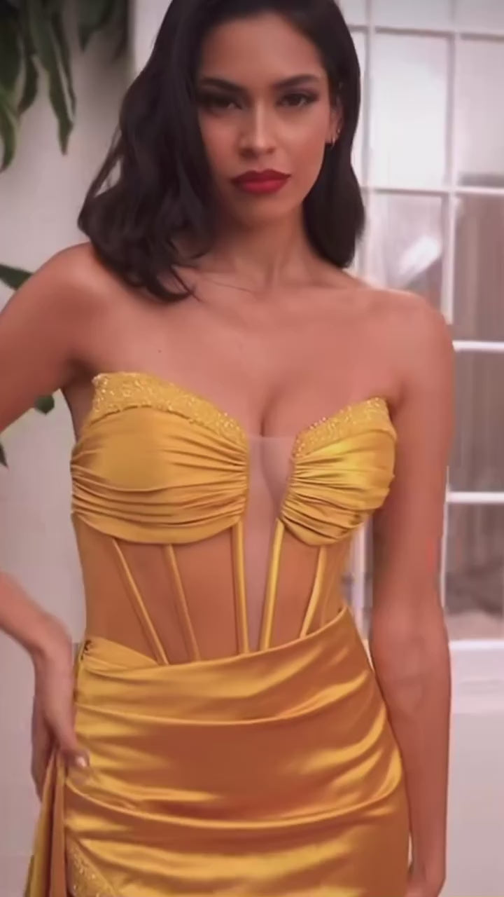 Satin sexy gown dress with embellished bodice corset for prom night