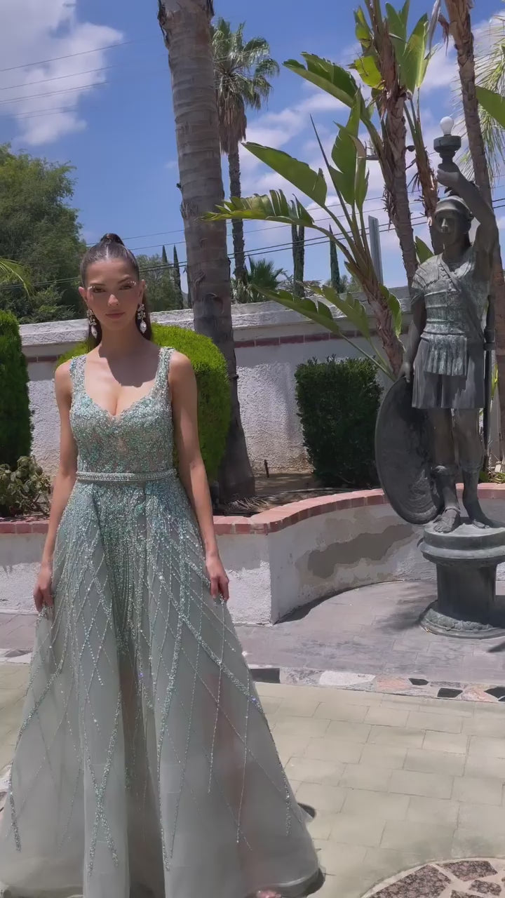 sage green shade Beaded ball gown romantic glitter tulle skirt for prom night wedding 