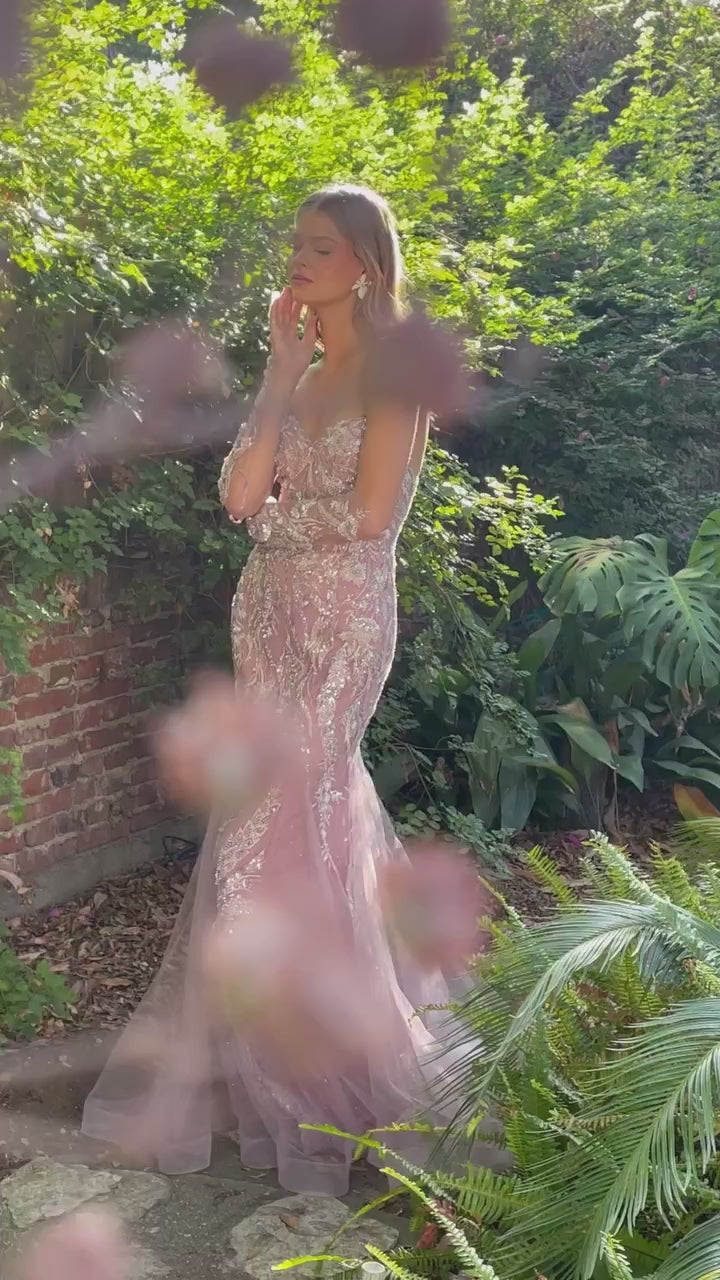 pink mermaid gown dress with matching gloves