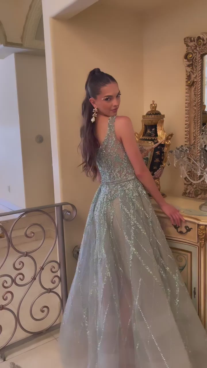 high quality sage Beaded ball gown romantic glitter tulle skirt for prom night wedding