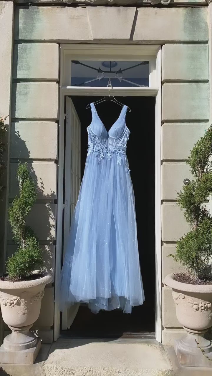 light blue Soft romantic layers of glitter tulle with leg slits for a sexy prom night wedding