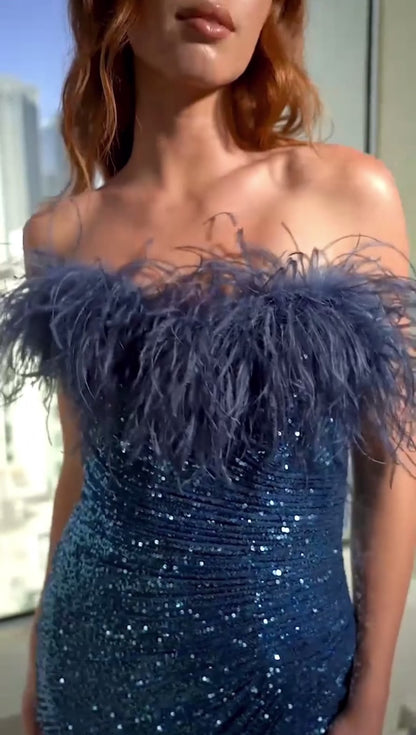 feather sequin gown dress prom 