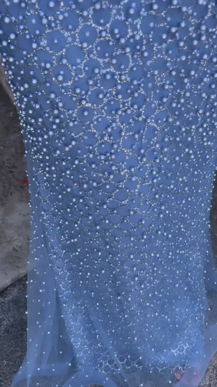 blue Beaded long sleeve with embellished pearls for a luxurious old money look