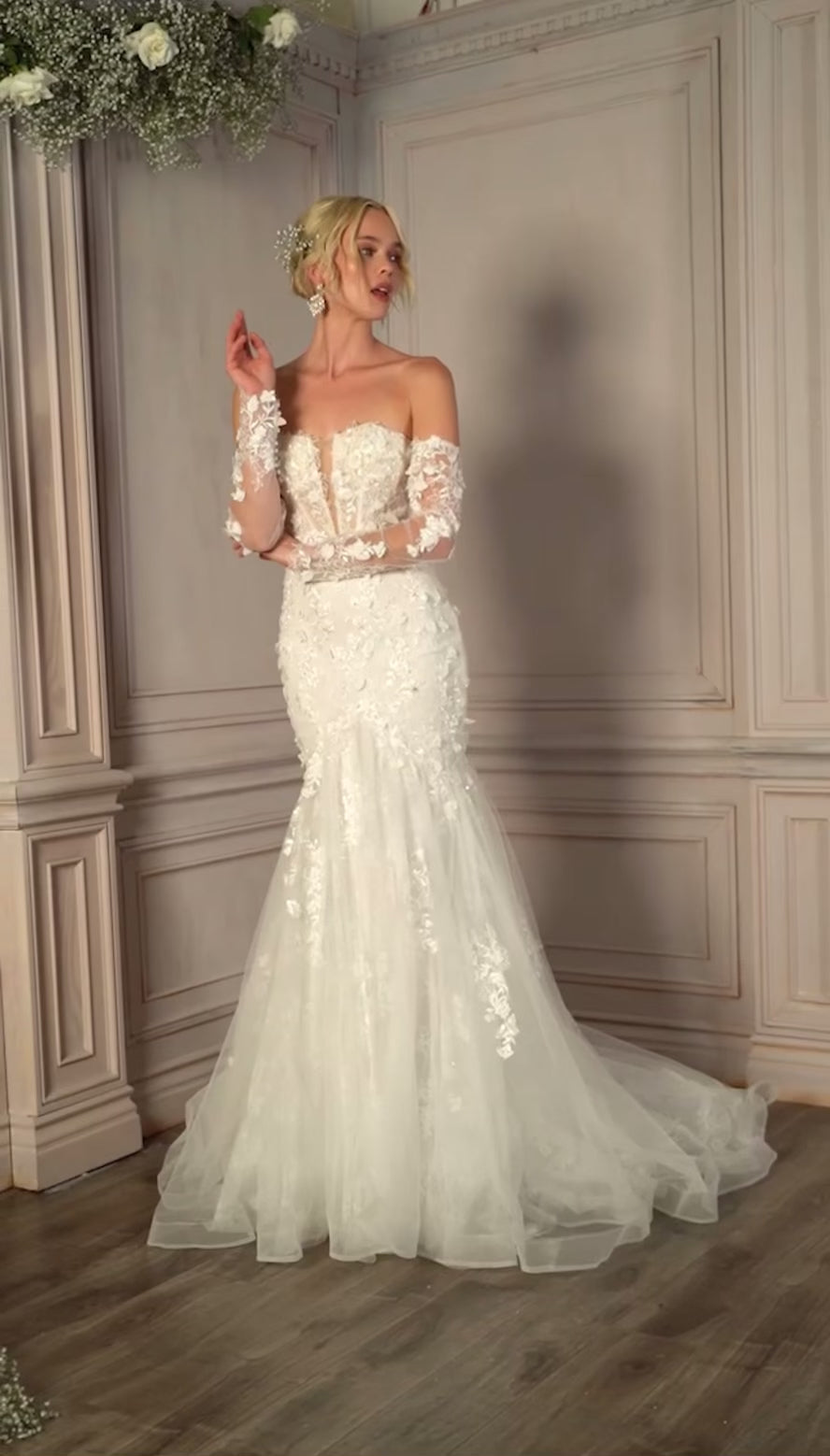 Elegant lace and tulle mermaid gown with a plunging neckline