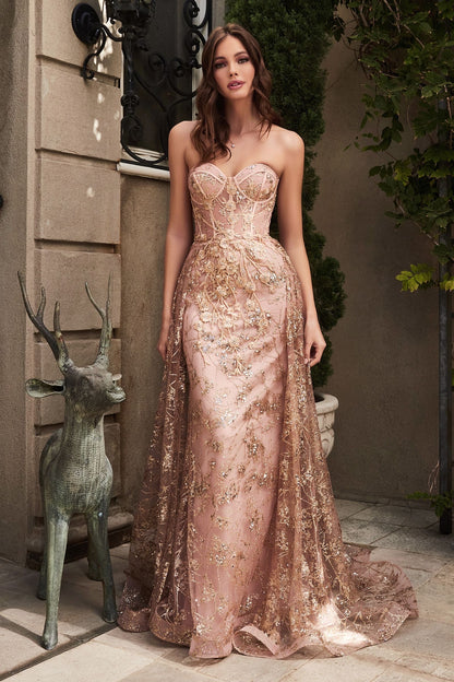 Show-stopping strapless mermaid gown with a stunning lace-like design and a boned bodice corset.