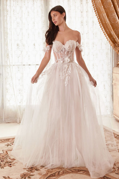 Stunning off-white floral applique gown with organza floral applique and off-the-shoulder straps